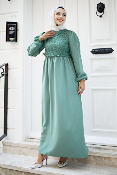 Tesettür Dünyası Front Lace Detailed Hijab Long Hijab Dress Tsd240519 Mint Green