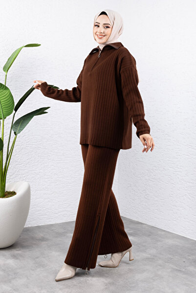Tesettür Dünyası Σετ πλεκτό με φερμουάρ Bitter Brown - TSD 240950