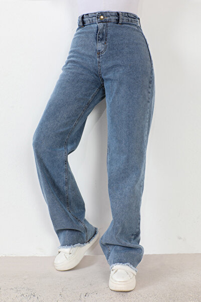 Tesettür Dünyası Wide Leg Denim Trousers with Tassels TSD230916 Blue