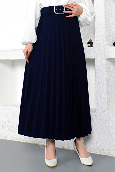 Tesettür Dünyası Belted Pleated Skirt Tsd230113 Navy Blue