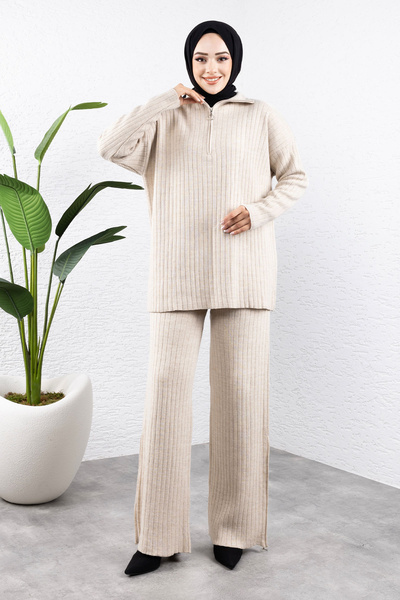 Tesettür Dünyası Beige Color Zippered Knitwear Set - Tsd 240950