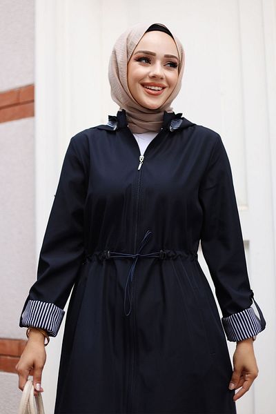 Tesettür Dünyası Navy Blue Striped Zippered Trench Coat - Tsd 240923