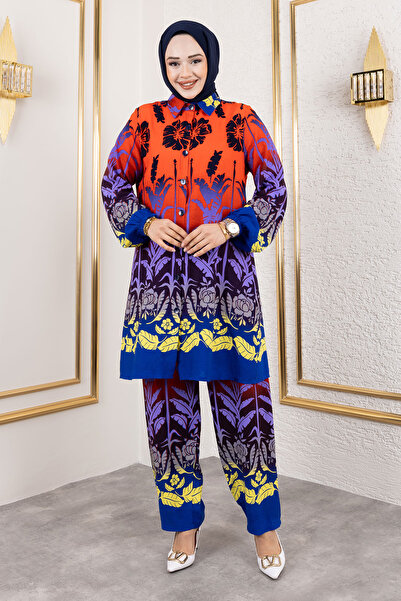 Tesettür Dünyası Orange Viscose Suit - Colorful Floral Pattern Tsd 250111