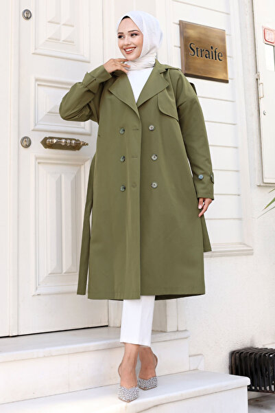 Tesettür Dünyası Green Double Breasted Collar Button Detailed Trench Coat - TSD240714