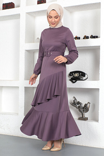 Tesettür Dünyası Μακρύ μονόχρωμο φόρεμα με βολάν Tsd230401 Μωβ
