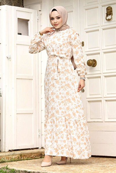 Tesettür Dünyası Μακρύ μονόχρωμο φόρεμα με λουλουδάτο σχέδιο και ζώνη στη μέση TSD240251 Λευκό