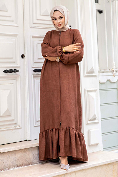 Tesettür Dünyası Brown Hijab Ferace with Flounce Skirt and Zipper - TSD240517