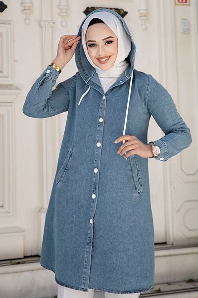 Tesettür Dünyası Hooded Neck Buttoned Denim Tunic - TSD240507