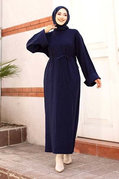 Tesettür Dünyası Μακρύ φόρεμα με κορδόνι στη μέση και χαμηλά μανίκια TSD240708 Navy Blue