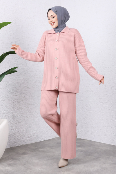 Tesettür Dünyası Front Buttoned Knitwear Set Tsd 240936   Powder