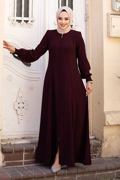 Tesettür Dünyası Gipe Detaillierte Pflaume Hijab Ferace-Lang Reißverschluss TSD240603