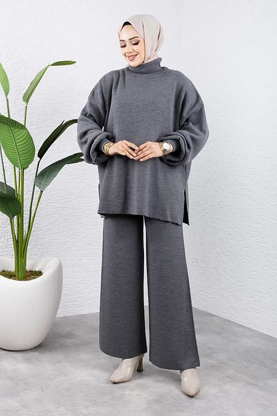 Tesettür Dünyası Anthracite Balloon Sleeve Knitwear Set - Tsd 240952
