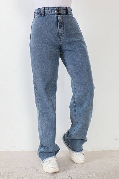 Tesettür Dünyası Pantaloni largi din denim cu ciucuri TSD230916 Albastru