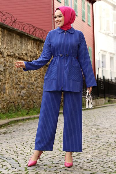 Tesettür Dünyası Melisa Drawstring Zippered Suit TSD240106 Saks Blue
