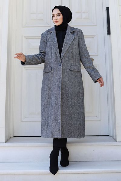 Tesettür Dünyası Black Herringbone Patterned Coat - Tsd 240925