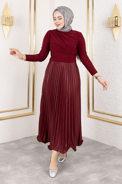 Tesettür Dünyası Fusta cu aspect de piele cu volan TSD250155 Roșu Claret