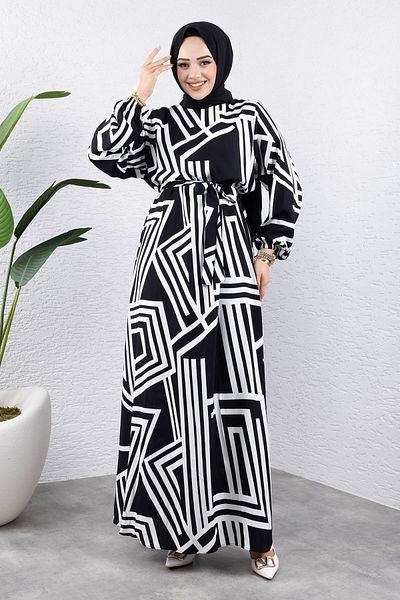 Tesettür Dünyası Rochie din viscoză cu model linie albă - TSD 240943