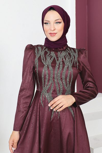 Tesettür Dünyası Abendkleid mit Paillettendetail auf der Vorderseite TSD230634 Pflaume