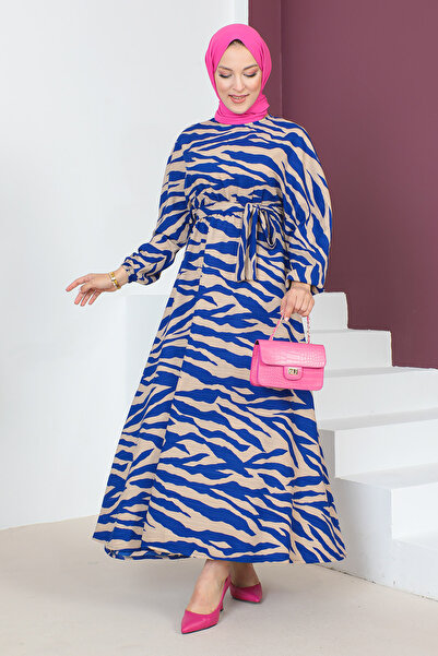 Tesettür Dünyası Zebra Desenli Uzun Tesettür Elbise TSD230624 Mavi