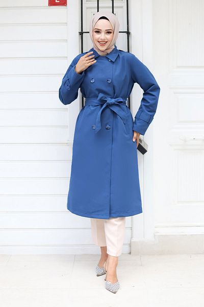 Tesettür Dünyası Indigo Trench Coat - Buttoned and Epaulet Detail, Tsd 240901