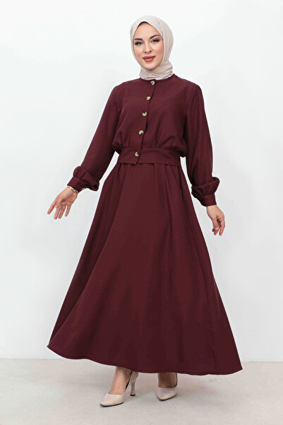 Tesettür Dünyası Gombos szoknya zsebes dupla öltöny TSD231113 Plum