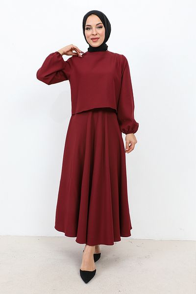 Tesettür Dünyası Skirt Suit with Elastic Sleeves TSD231105 Claret Red