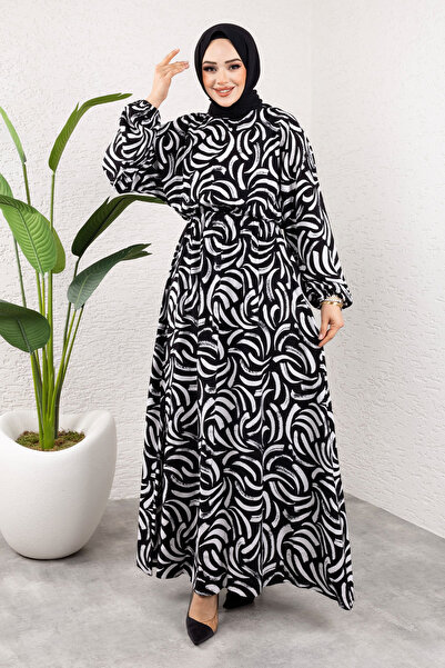 Tesettür Dünyası Μακρύ μοτίβο φόρεμα με ελαστική μέση από βισκόζη TSD250102 Μαύρο