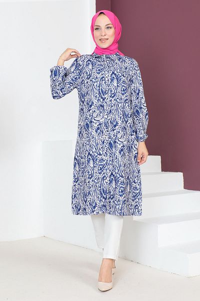 Tesettür Dünyası Patterned Long Tunic TSD230706 Blue