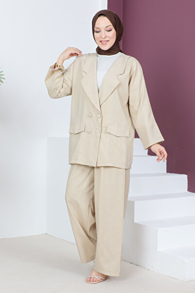 Tesettür Dünyası Jacketed Suit TSD230537 Beige