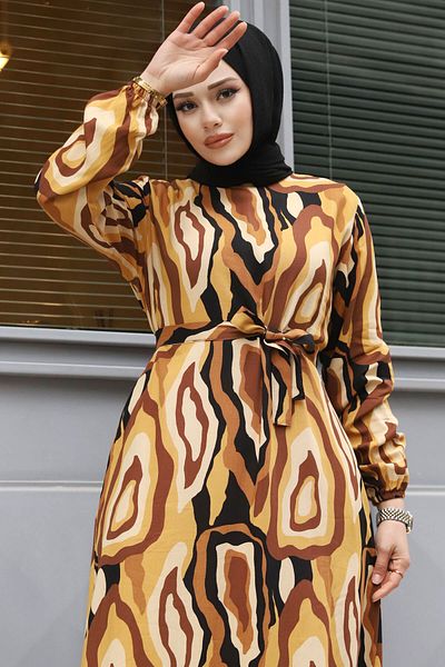 Tesettür Dünyası Φόρεμα Mustard Leopard Print and Belted - TSD 240235