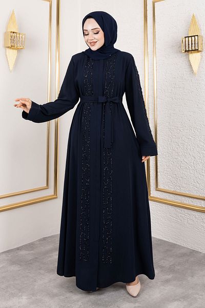 Tesettür Dünyası Navy Blue Chain Stone Abaya TSD 250126