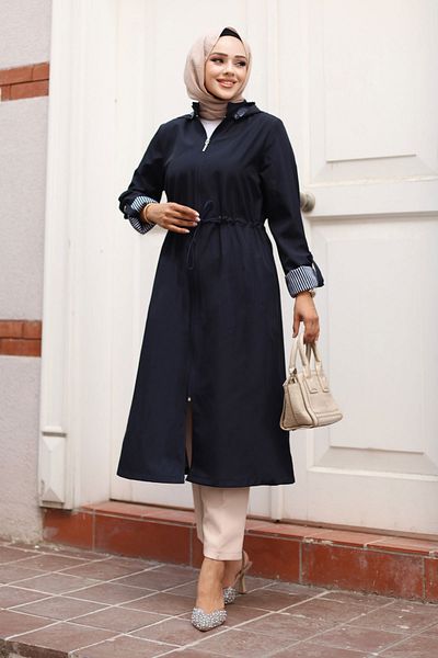 Tesettür Dünyası Navy Blue Striped Zippered Trench Coat - Tsd 240923