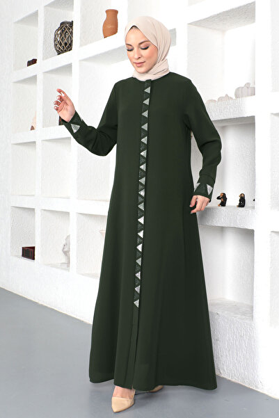 Tesettür Dünyası Khaki Hijab Ferace - Triangular Sequin Embroidered, Tsd 230331