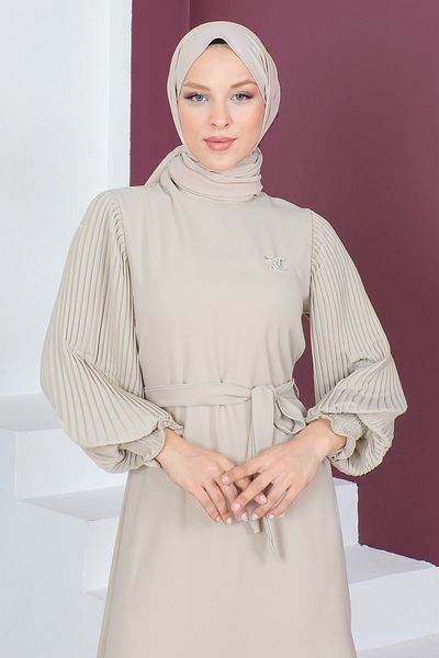 Tesettür Dünyası Φόρεμα με πλισέ μανίκια TSD230524 Μπεζ