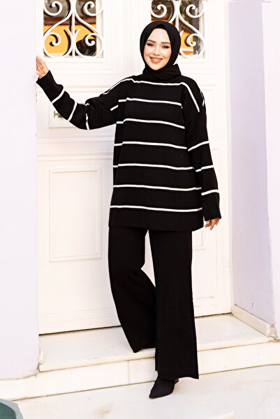 Tesettür Dünyası Black Striped Knitwear Set - Tsd 240721