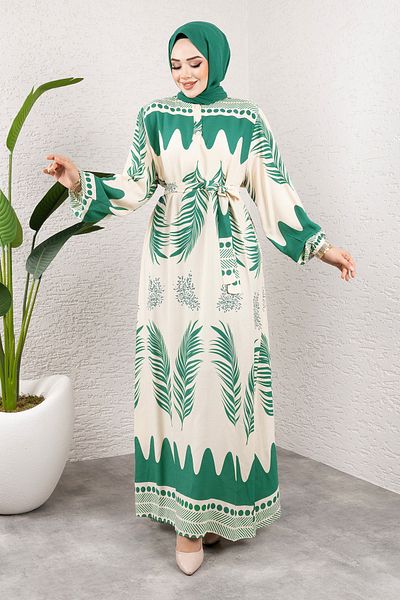 Tesettür Dünyası Πράσινο Ethnic Print Φόρεμα Waterway Viscose - TSD 240955