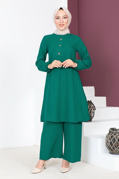 Tesettür Dünyası Buttoned Double Suit TSD230701 Emerald Green