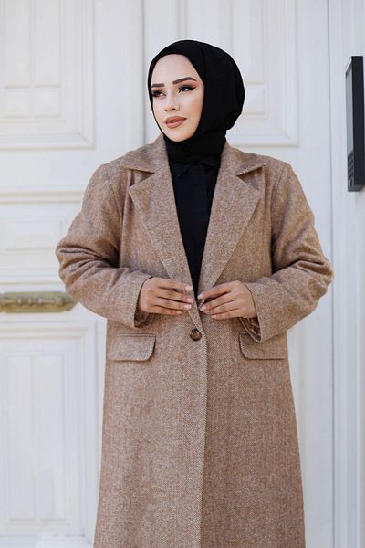 Tesettür Dünyası Tan Colored Herringbone Patterned Coat - Tsd 240925