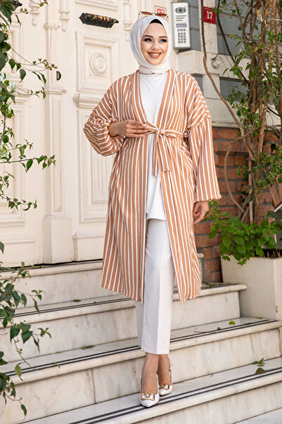 Tesettür Dünyası Low Sleeve and Waist Belted StripedKimono- MinkTSD240515