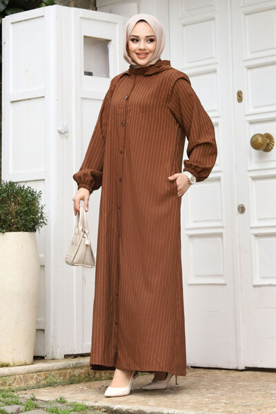 Tesettür Dünyası Καφέ Ολόσωμο Κουμπί Ferace Μεγάλο Μέγεθος με Αποσπώμενες Πόρτες