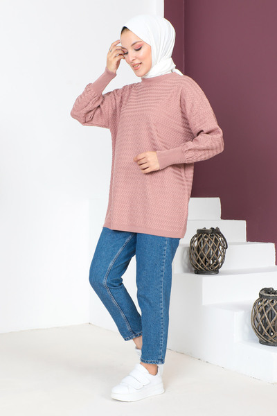 Tesettür Dünyası Thin Zigzag Patterned Knitwear Tunic TSD230719 Dusty Rose