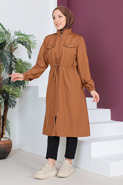 Tesettür Dünyası Büyük Beden Süs Cepli Trençkot TSD230504 Tarçın