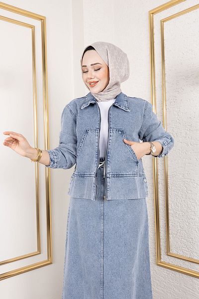 Tesettür Dünyası Lavin Skirted Denim Suit Tsd 250146   Light Blue