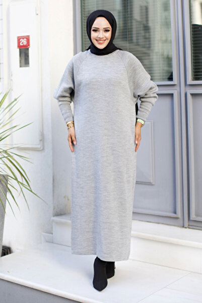 Tesettür Dünyası Reglan Sleeve Knitwear Long Dress Tsd240725 Gray
