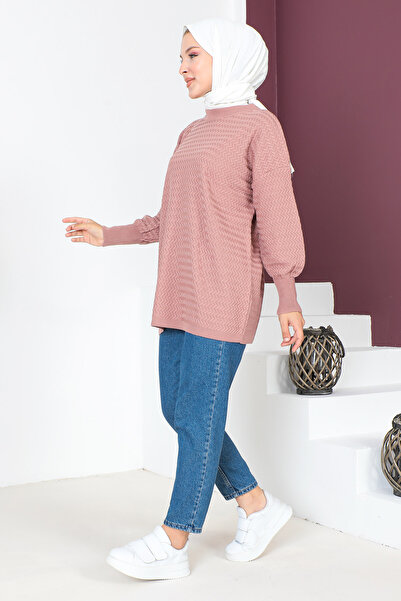 Tesettür Dünyası Thin Zigzag Patterned Knitwear Tunic TSD230719 Dusty Rose