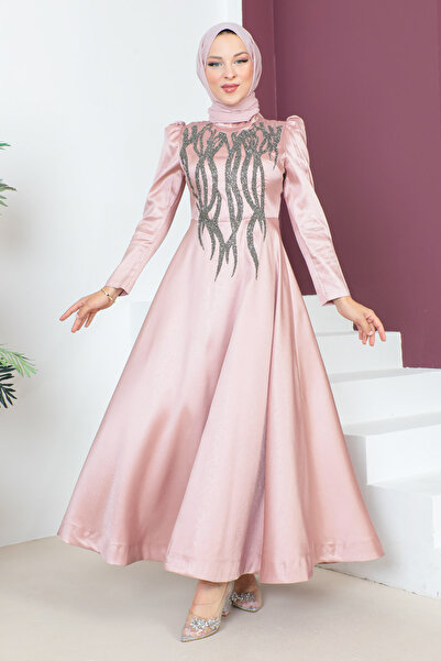 Tesettür Dünyası Βραδινό φόρεμα με λεπτομέρεια παγιέτα στο μπροστινό μέρος TSD230634 Πούδρα