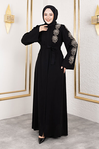 Tesettür Dünyası Φεράκι με μοτίβο λουλουδιών με χάντρες TSD250161 Μαύρο