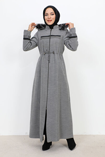 Tesettür Dünyası Leather Detailed Full-Length Zipper Coat TSD231116 Gray
