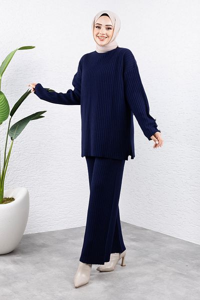 Tesettür Dünyası Navy Blue Knitwear Set - Button Detail Sleeve Tsd 240947