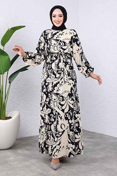 Tesettür Dünyası Leaf Patterned Viscose Long Hijab Dress Tsd240937 Black